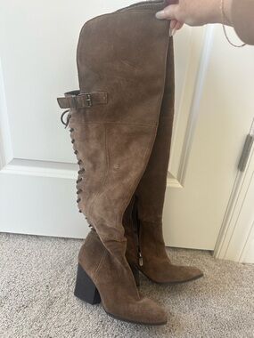 Circus by Sam Edelman Brown Suede Over-the-Knee Lace-Up Block Heel Boots